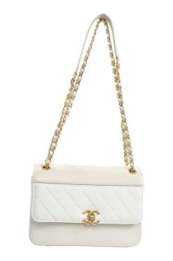 Beige and White Quilted Calfskin Flap Shoulder Bag