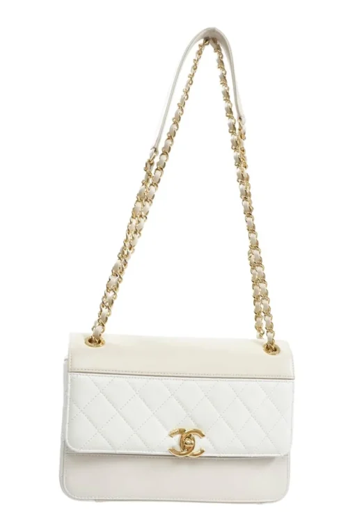 Beige and White Quilted Calfskin Flap Shoulder Bag