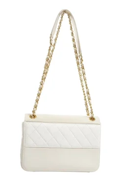 Beige and White Quilted Calfskin Flap Shoulder Bag