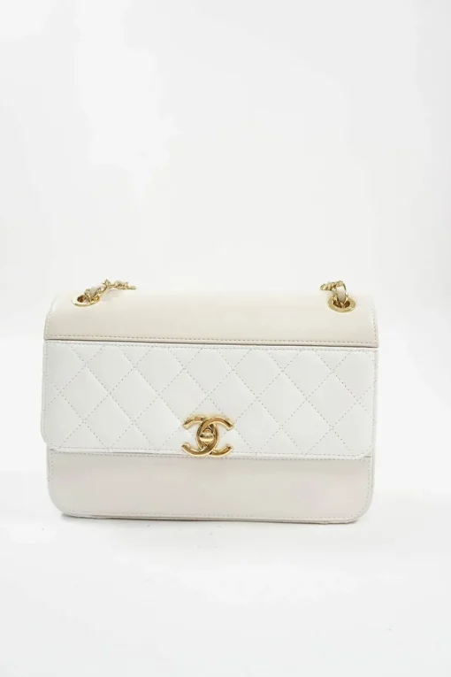 Beige and White Quilted Calfskin Flap Shoulder Bag