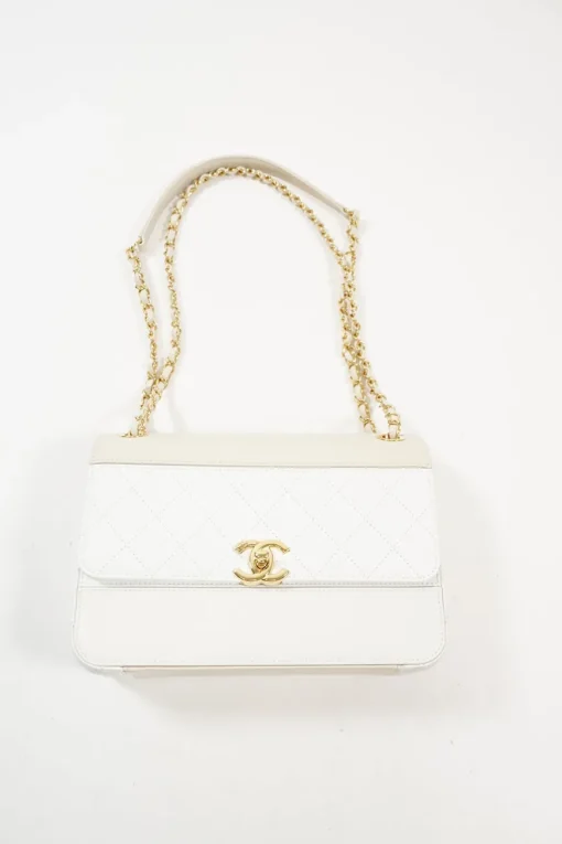 Beige and White Quilted Calfskin Flap Shoulder Bag