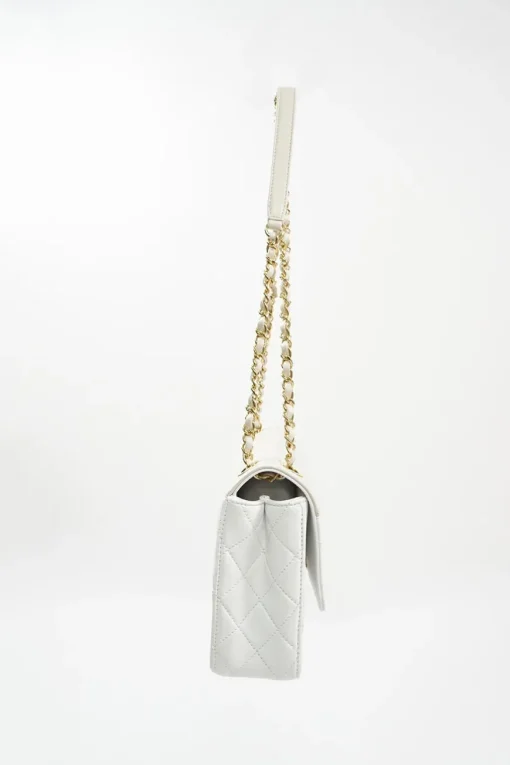 Beige and White Quilted Calfskin Flap Shoulder Bag