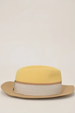 Beige and yellow felt fedora