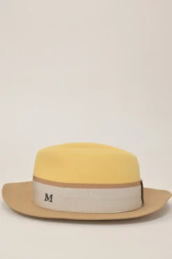 Beige and yellow felt fedora