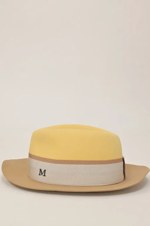 Beige and yellow felt fedora
