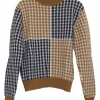 Beige cashmere fully-fashioned pullover intarsia polo neck sweater featuring two-tone houndstooth motif