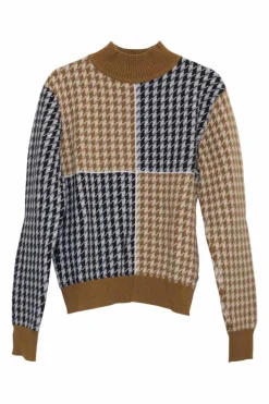 Beige cashmere fully-fashioned pullover intarsia polo neck sweater featuring two-tone houndstooth motif