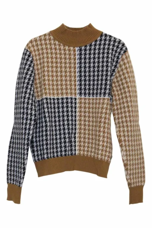 Beige cashmere fully-fashioned pullover intarsia polo neck sweater featuring two-tone houndstooth motif