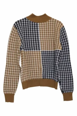 Beige cashmere fully-fashioned pullover intarsia polo neck sweater featuring two-tone houndstooth motif
