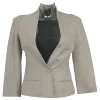 Beige cashmere single breasted cropped tailored jacket with cinched waist and single button closure