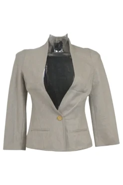 Beige cashmere single breasted cropped tailored jacket with cinched waist and single button closure