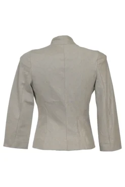 Beige cashmere single breasted cropped tailored jacket with cinched waist and single button closure