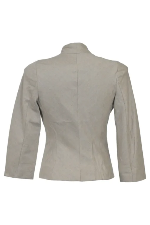 Beige cashmere single breasted cropped tailored jacket with cinched waist and single button closure