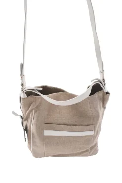 Beige cloth with white leather shoulder strap tote bag