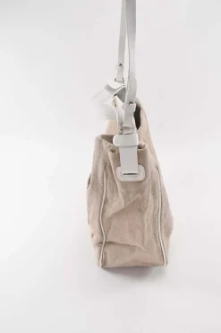 Beige cloth with white leather shoulder strap tote bag