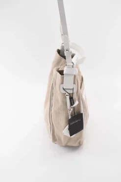 Beige cloth with white leather shoulder strap tote bag