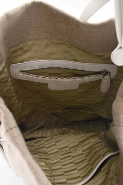 Beige cloth with white leather shoulder strap tote bag