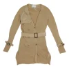 Beige cotton-blend knit belted soft trench coat with tonal woven satin inserts