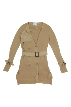Beige cotton-blend knit belted soft trench coat with tonal woven satin inserts