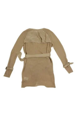 Beige cotton-blend knit belted soft trench coat with tonal woven satin inserts