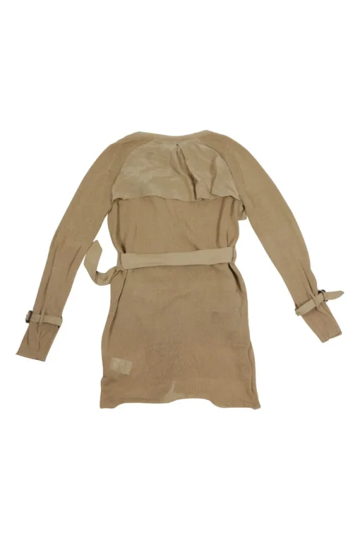 Beige cotton-blend knit belted soft trench coat with tonal woven satin inserts