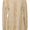 Beige embellished wool jersey knit crewneck pullover sweater featuring bead broderie and cutout edge trim appliqué
