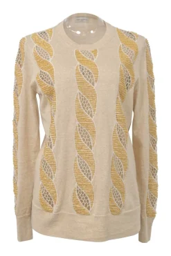 Beige embellished wool jersey knit crewneck pullover sweater featuring bead broderie and cutout edge trim appliqué