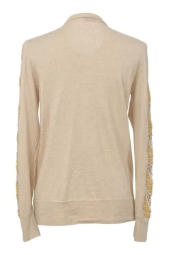 Beige embellished wool jersey knit crewneck pullover sweater featuring bead broderie and cutout edge trim appliqué