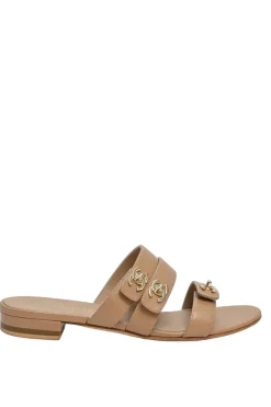 Beige leather Coco Mark turnlock strap slide sandals
