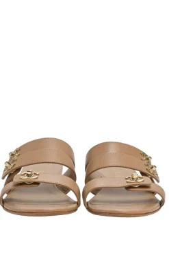 Beige leather Coco Mark turnlock strap slide sandals