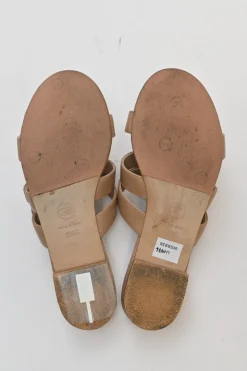 Beige leather Coco Mark turnlock strap slide sandals