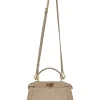 Beige leather Peekaboo satchel with gold-tone metallic hardware and adjustable shoulder strap
