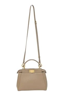 Beige leather Peekaboo satchel with gold-tone metallic hardware and adjustable shoulder strap