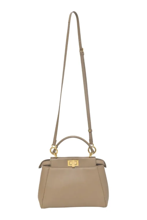 Beige leather Peekaboo satchel with gold-tone metallic hardware and adjustable shoulder strap