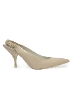 Beige leather pointed-toe slingback pumps