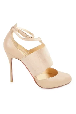 Beige leather Trotter ankle strap D'Orsay pumps with mid-arch suede vamp strap