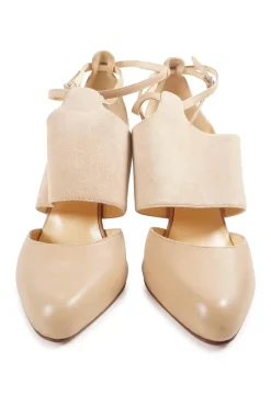 Beige leather Trotter ankle strap D'Orsay pumps with mid-arch suede vamp strap