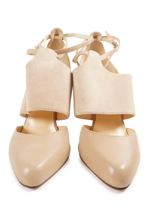 Beige leather Trotter ankle strap D'Orsay pumps with mid-arch suede vamp strap