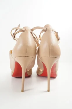 Beige leather Trotter ankle strap D'Orsay pumps with mid-arch suede vamp strap