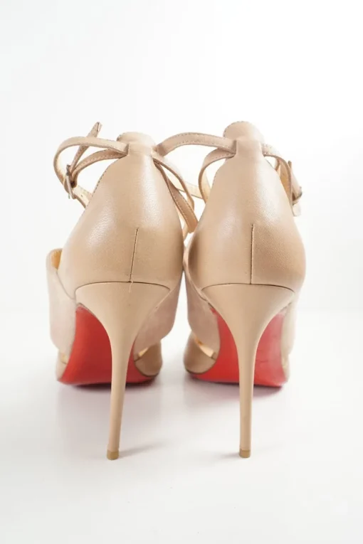 Beige leather Trotter ankle strap D'Orsay pumps with mid-arch suede vamp strap