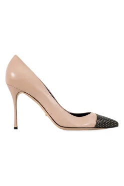 Beige leather with pointy toe black perforated and gold leather