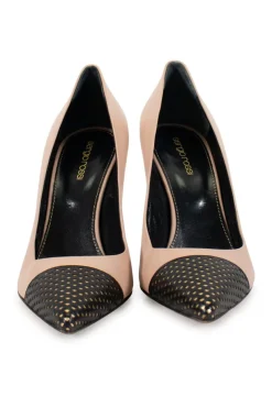 Beige leather with pointy toe black perforated and gold leather