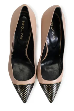 Beige leather with pointy toe black perforated and gold leather