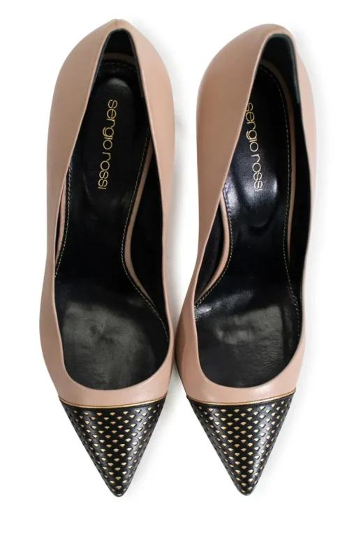 Beige leather with pointy toe black perforated and gold leather