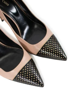 Beige leather with pointy toe black perforated and gold leather