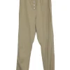 Beige linen twill pull-on button-front paperbag waist tapered leg trousers with slanted hip pockets