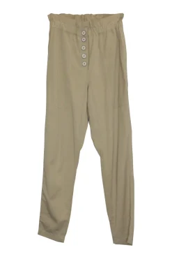 Beige linen twill pull-on button-front paperbag waist tapered leg trousers with slanted hip pockets