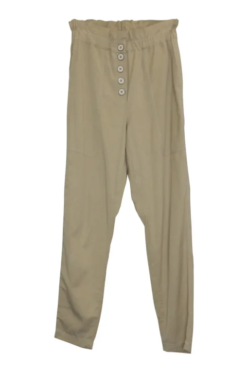 Beige linen twill pull-on button-front paperbag waist tapered leg trousers with slanted hip pockets