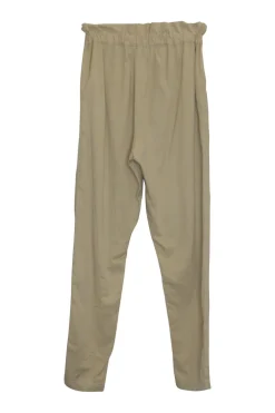 Beige linen twill pull-on button-front paperbag waist tapered leg trousers with slanted hip pockets