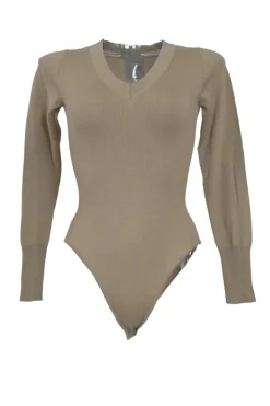 Beige merino wool plunge neck bodysuit